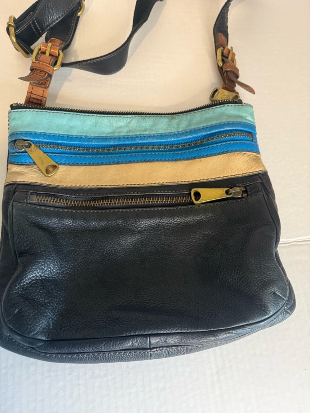Fossil Black and Teal Colorblock Leather Crossbody